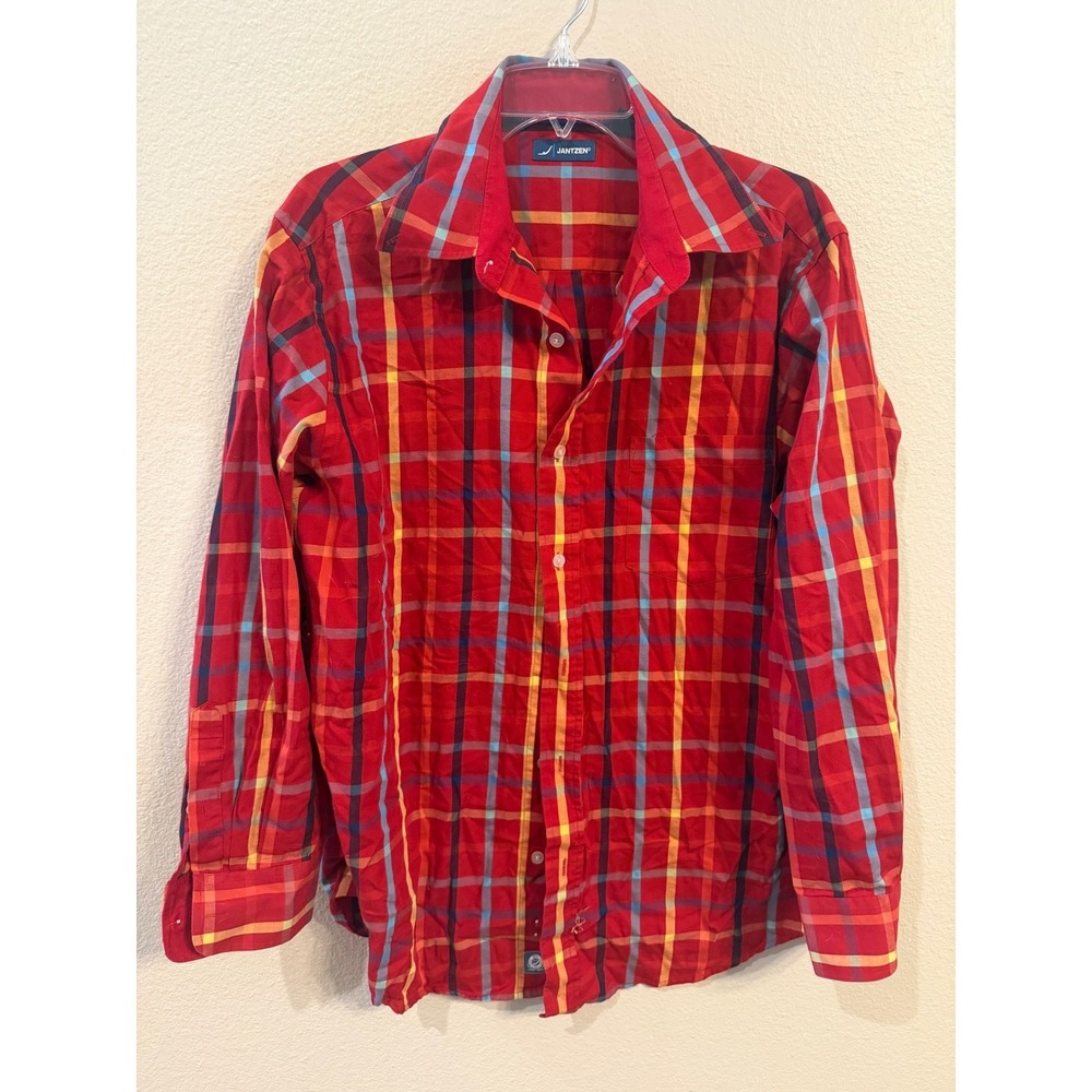 VINTAGE Jantzen Plaid Button Down Large Red Multi Color Excellent Long Sleeve
